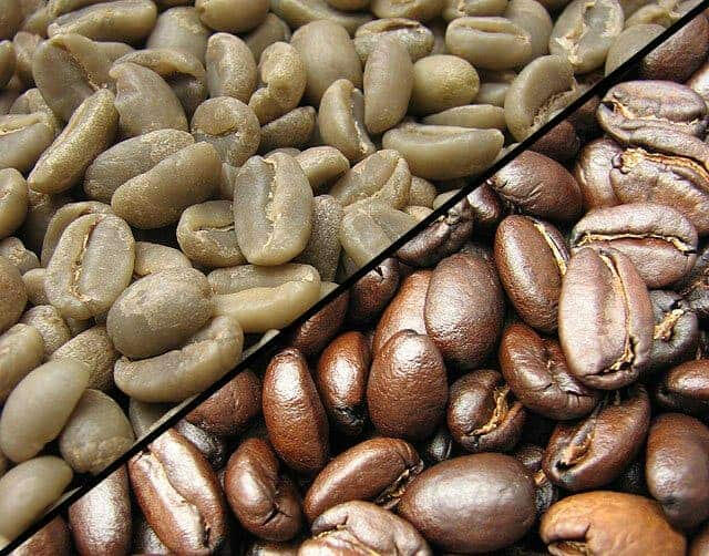 Ethiopian Coffee – Raw and Roasted Beans Close-up image of Ethiopian coffee beans, both raw green and roasted brown, offered by Afra Sourcing for export